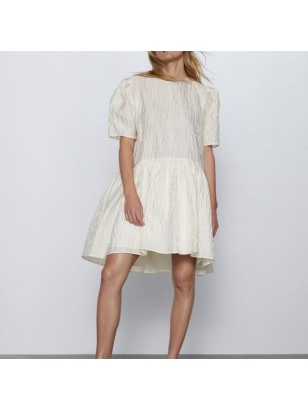 Zara Voluminous Cream Textured Tiered Puff-Sleeve Dress